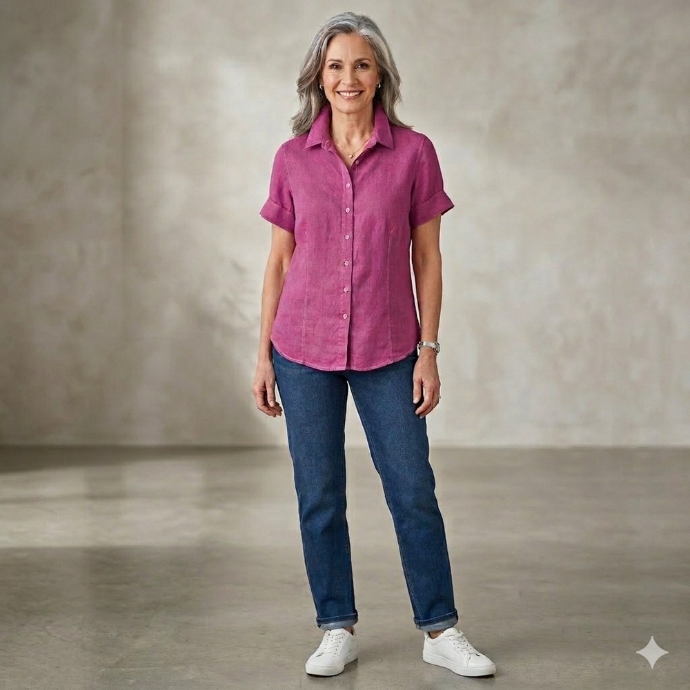 Coldwater Creek Magenta Pink 100% Linen Short Sleeve Button‎ Down Shirt Top